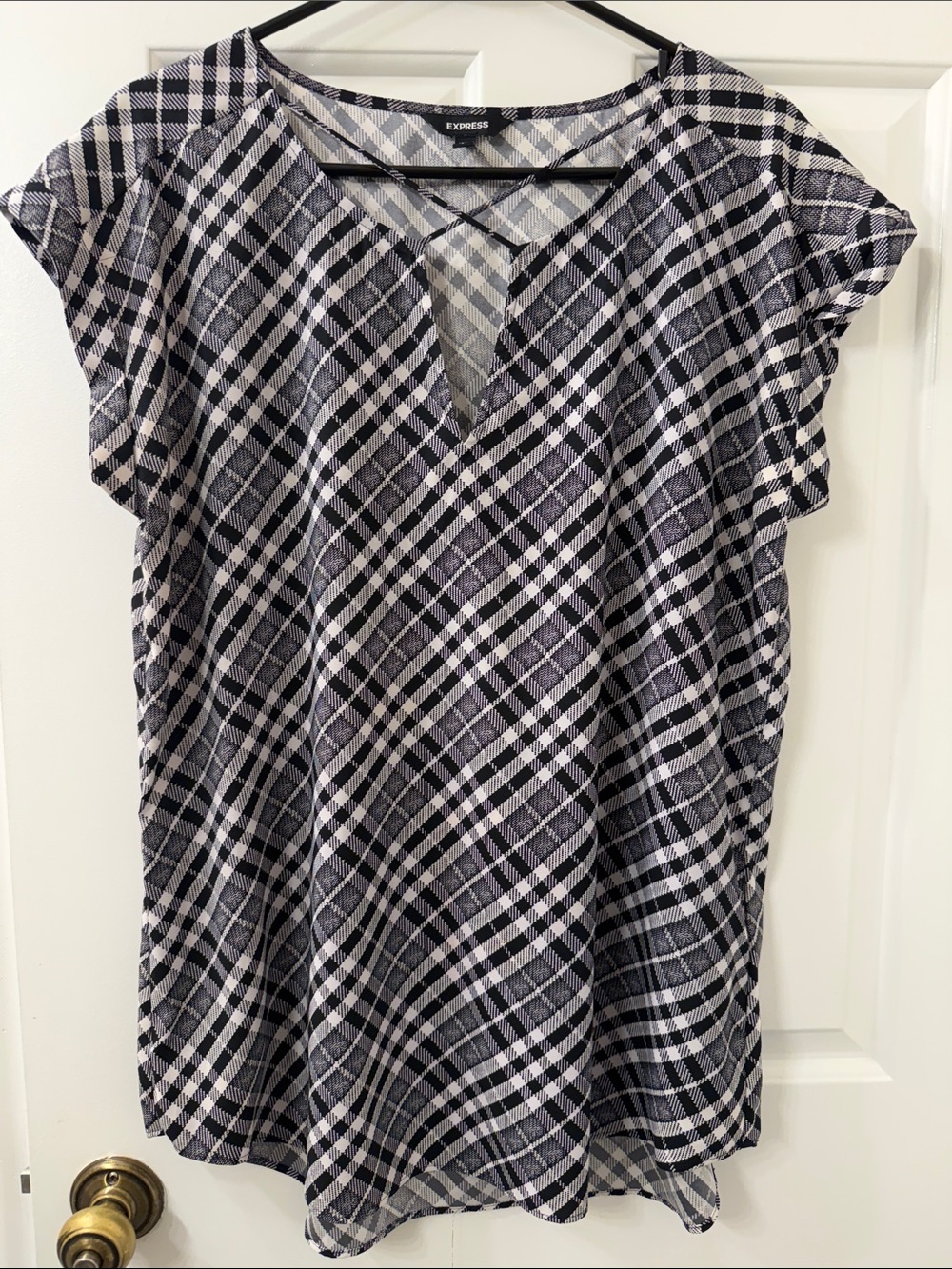 Express Black and White Plaid Split-Neck Cap-Sleeve Tunic